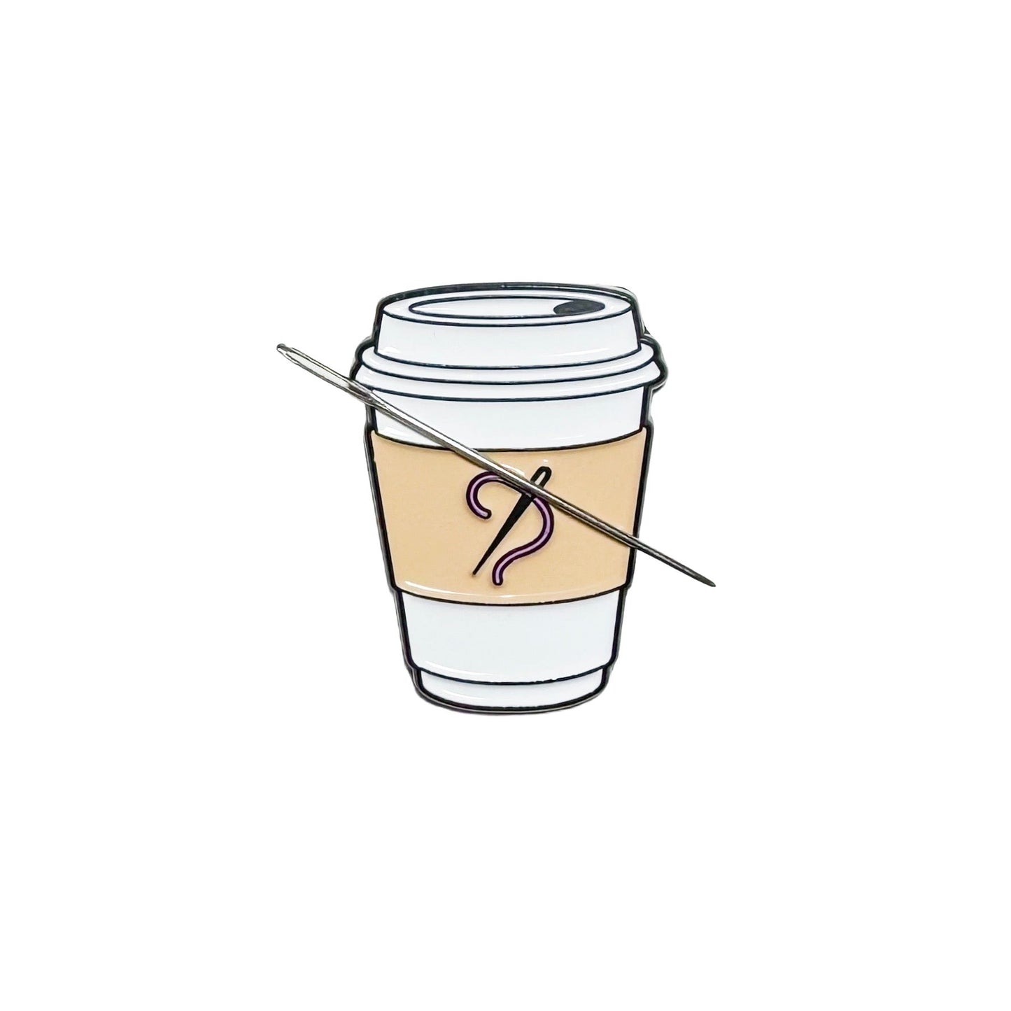 Coffee cup with needle and thread on the sleeve needle minder with strong magnet for stitching.