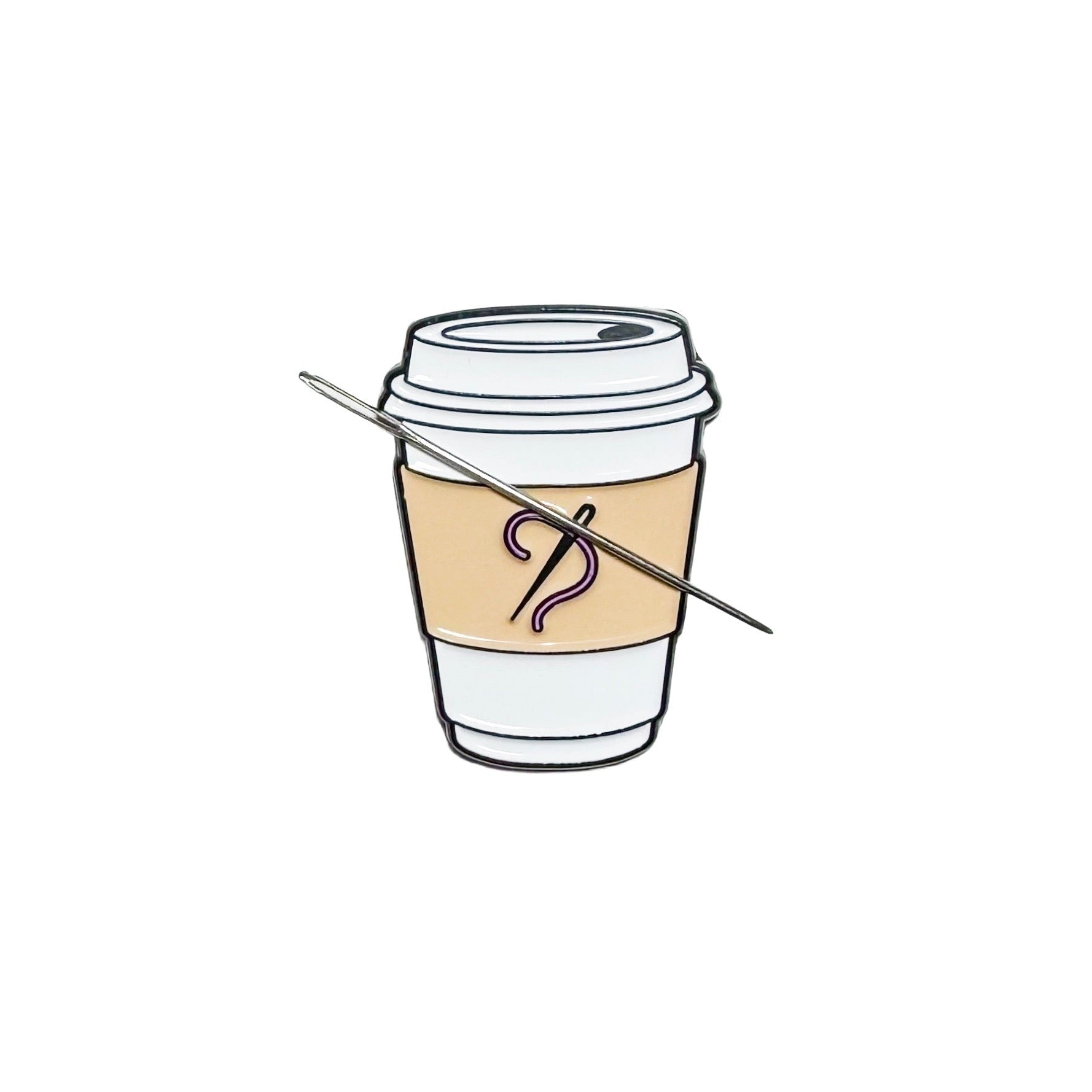 Coffee cup with needle and thread on the sleeve needle minder with strong magnet for stitching.