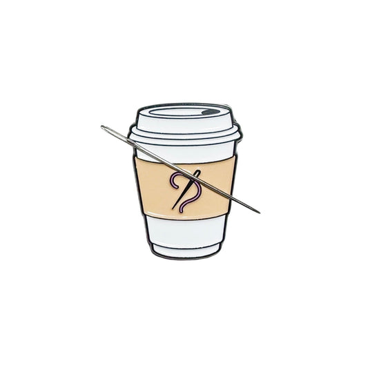 Coffee cup with needle and thread on the sleeve needle minder with strong magnet for stitching.