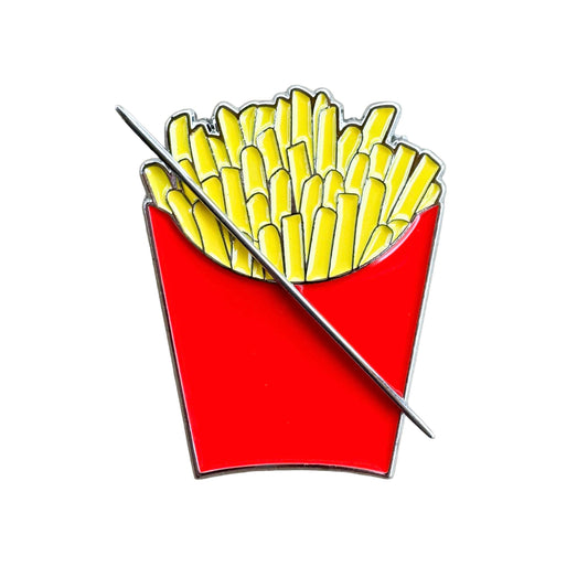Red carton of French fries enamel needle minder with magnetic back for cross stitch, needlepoint, embroidery, quilting and sewing.