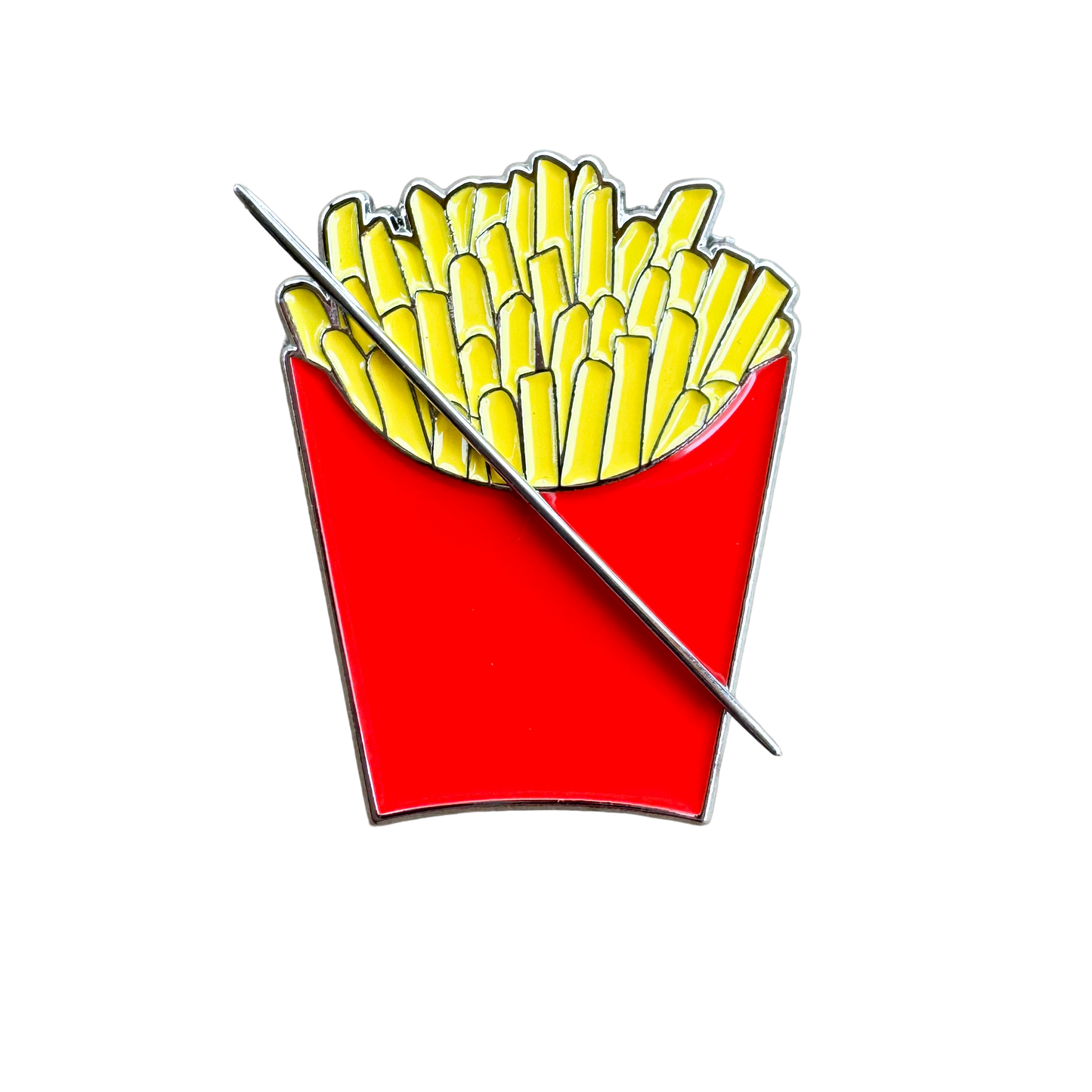 Red carton of French fries enamel needle minder with magnetic back for cross stitch, needlepoint, embroidery, quilting and sewing.