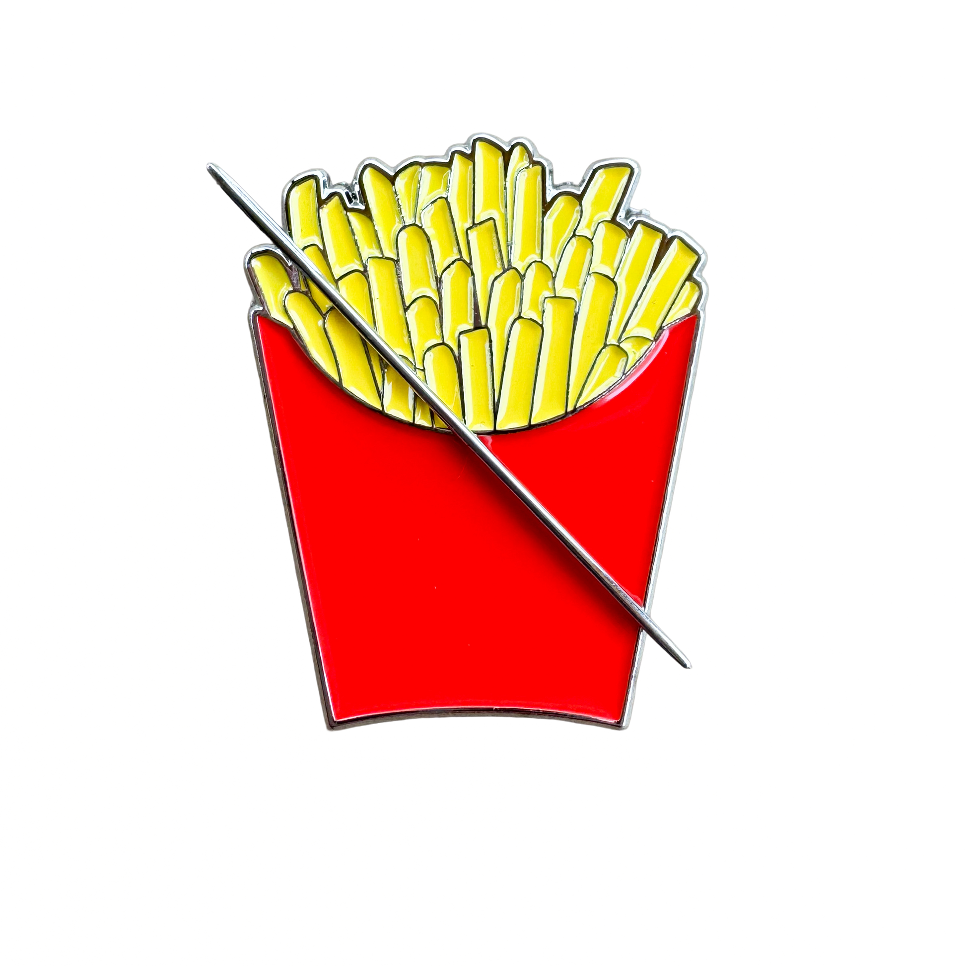 Red carton of French fries enamel needle minder with magnetic back for cross stitch, needlepoint, embroidery, quilting and sewing.