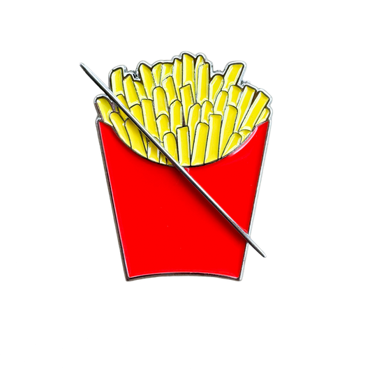 Red carton of French fries enamel needle minder with magnetic back for cross stitch, needlepoint, embroidery, quilting and sewing.
