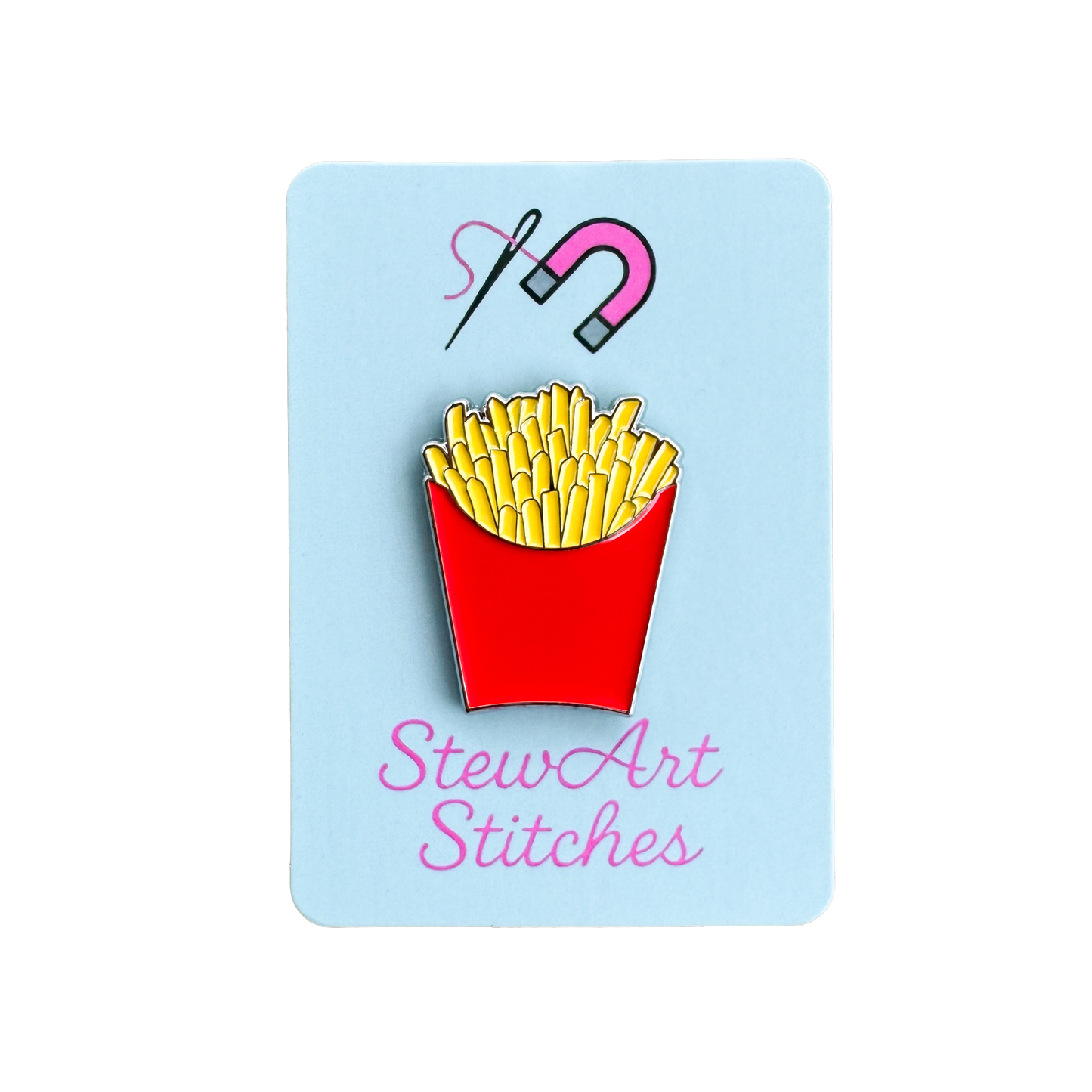Red carton of French fries enamel needle minder with magnetic back for cross stitch, needlepoint, embroidery, quilting and sewing.