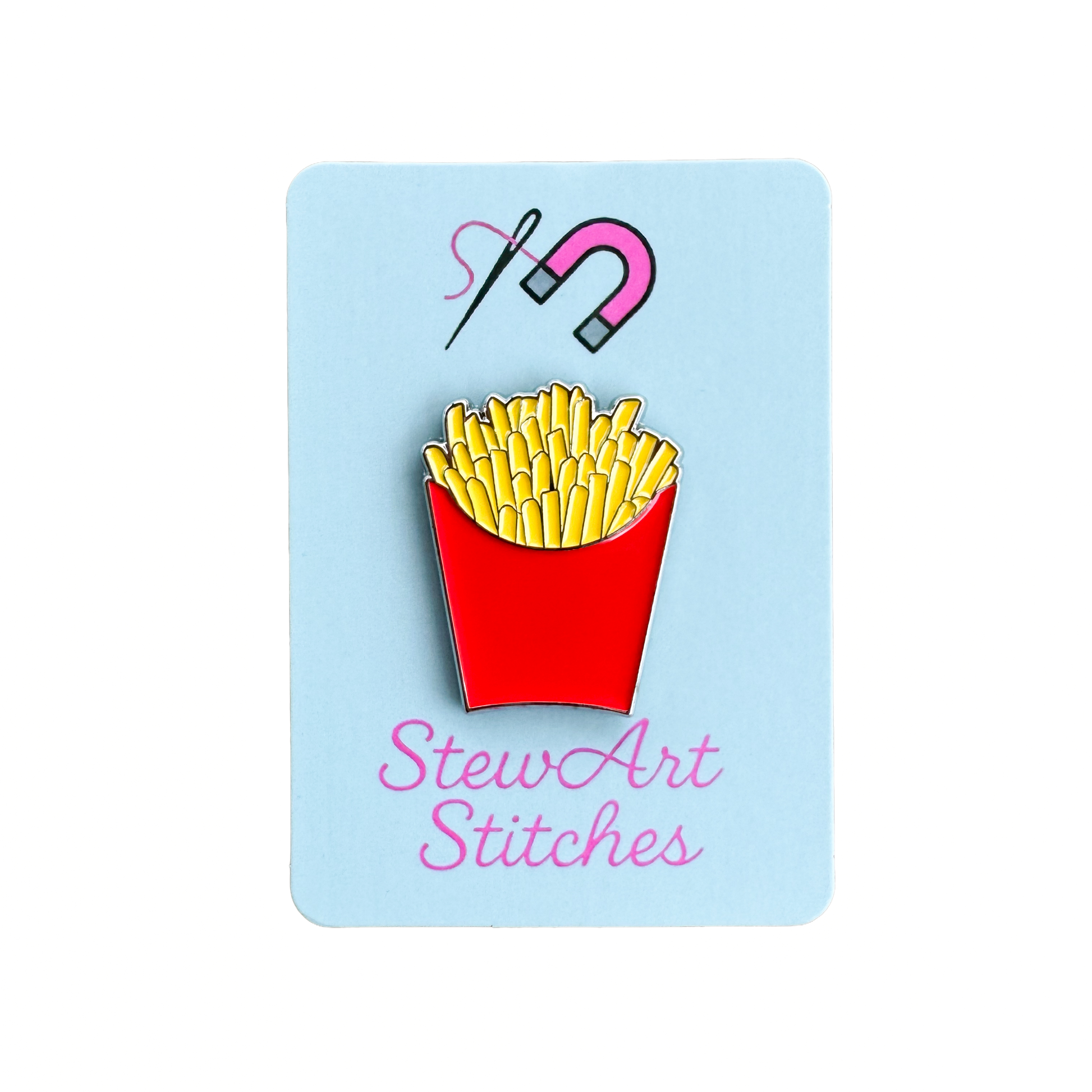 Red carton of French fries enamel needle minder with magnetic back for cross stitch, needlepoint, embroidery, quilting and sewing.