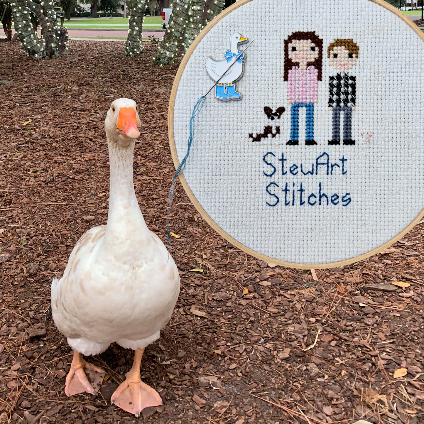 Duck with Blue Boots Needle Minder holding a needle on a needlepoint canvas while stitching.