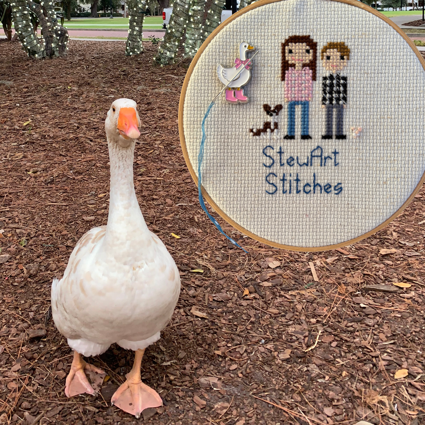 Duck with Blue Boots Needle Minder holding a needle on a needlepoint canvas while stitching.