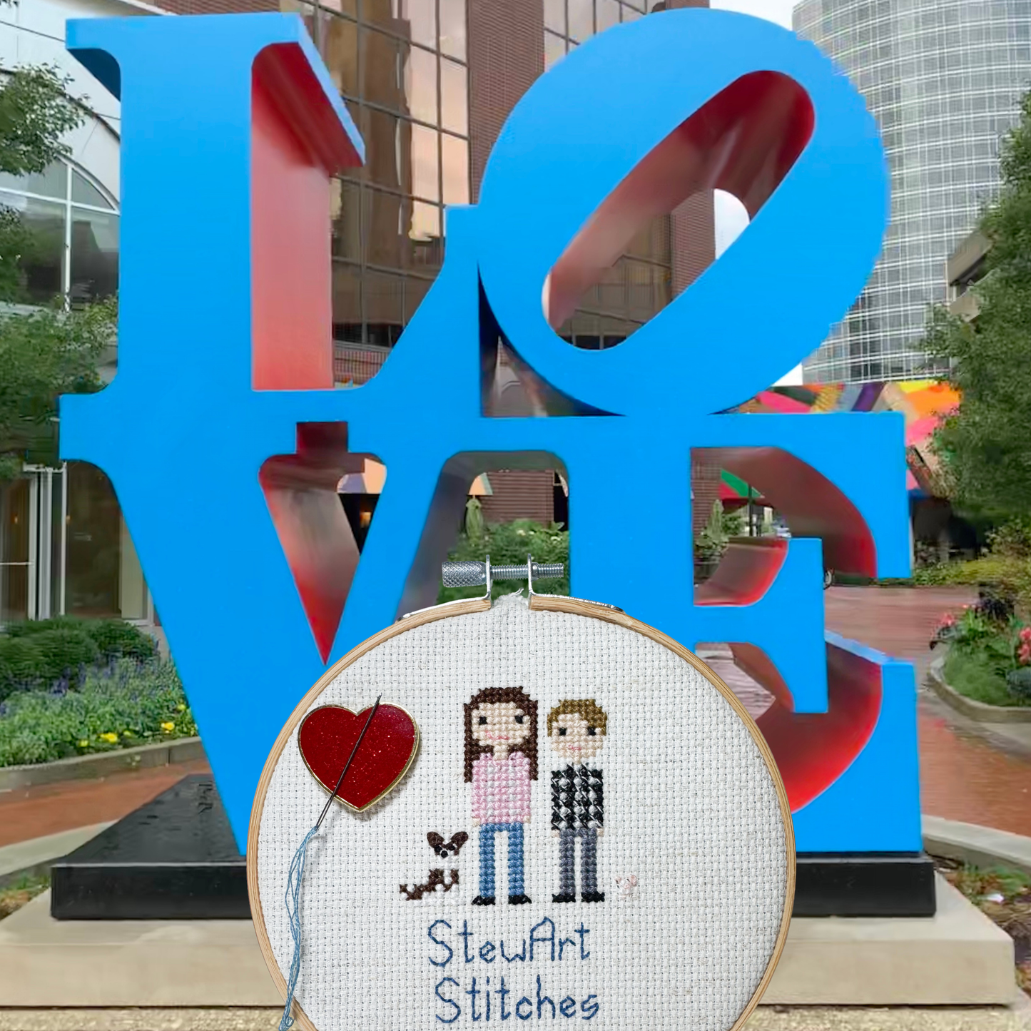 Red glitter heart shaped magnetic enamel needle minder for cross stitch, embroidery, needlepoint and sewing projects.