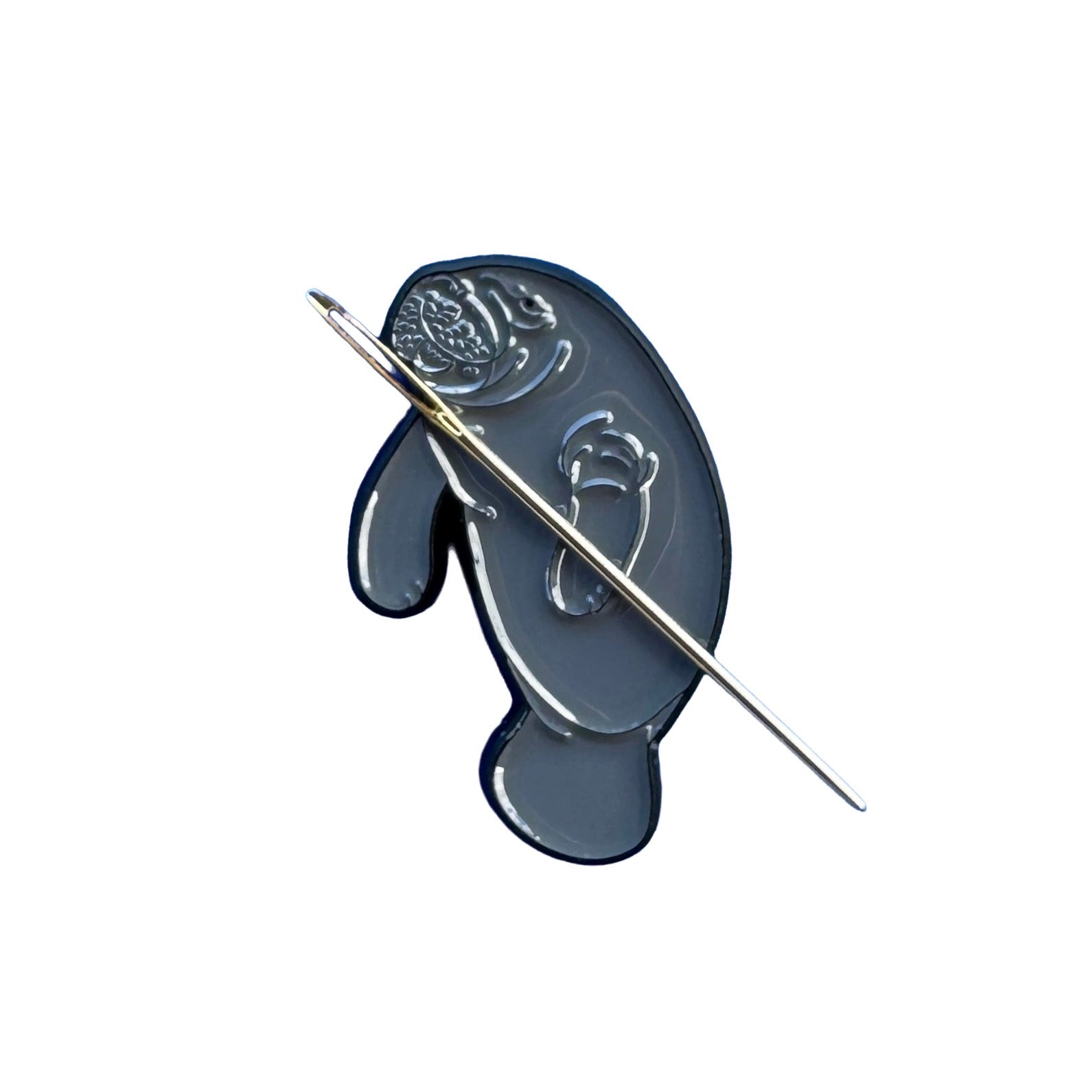 Manatee magnetic enamel needle minder for needlepoint, cross stitch, embroidery and sewing projects.