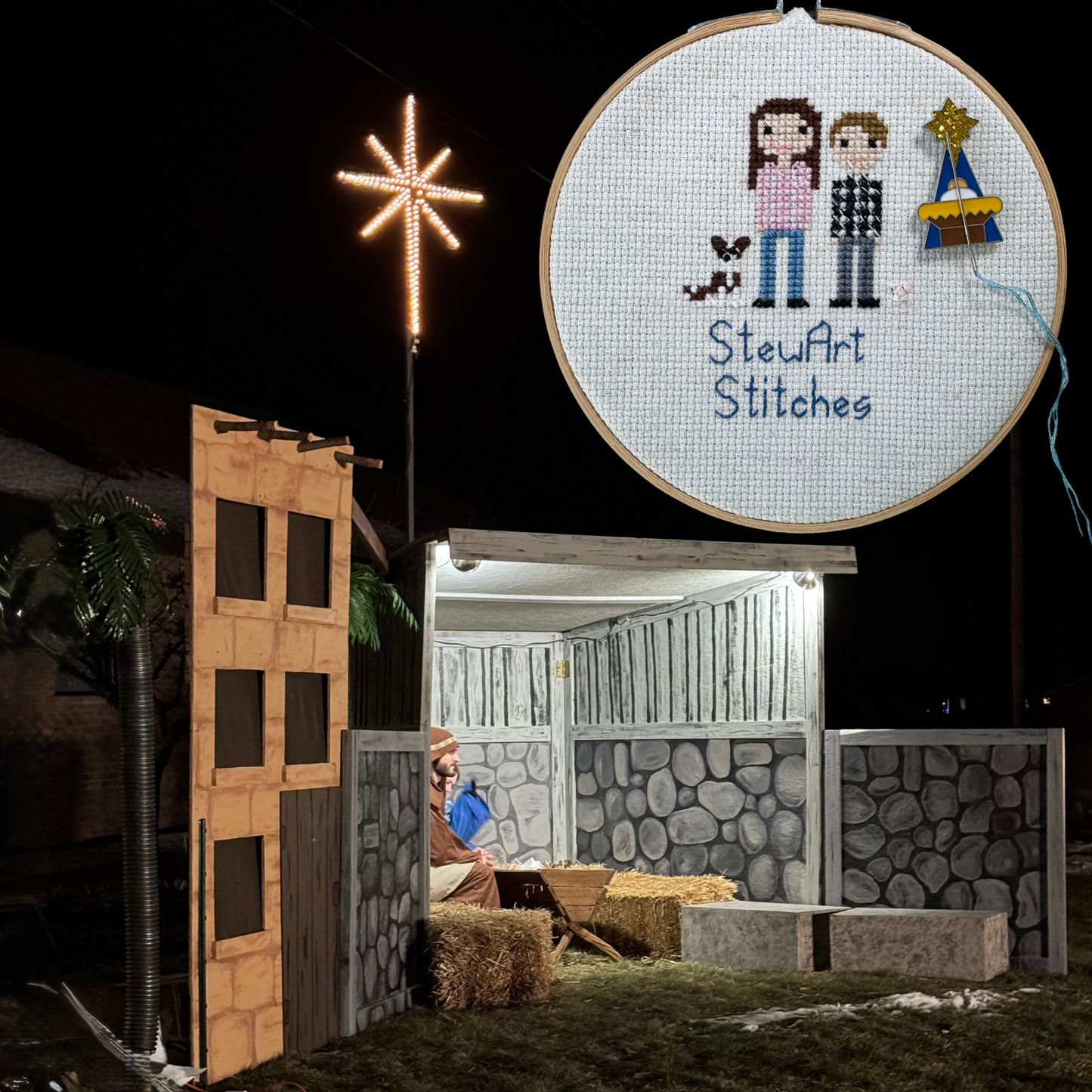 Magnetic enamel needle minder featuring a festive Christmas Nativity Manger scene, designed to hold needles securely while stitching.