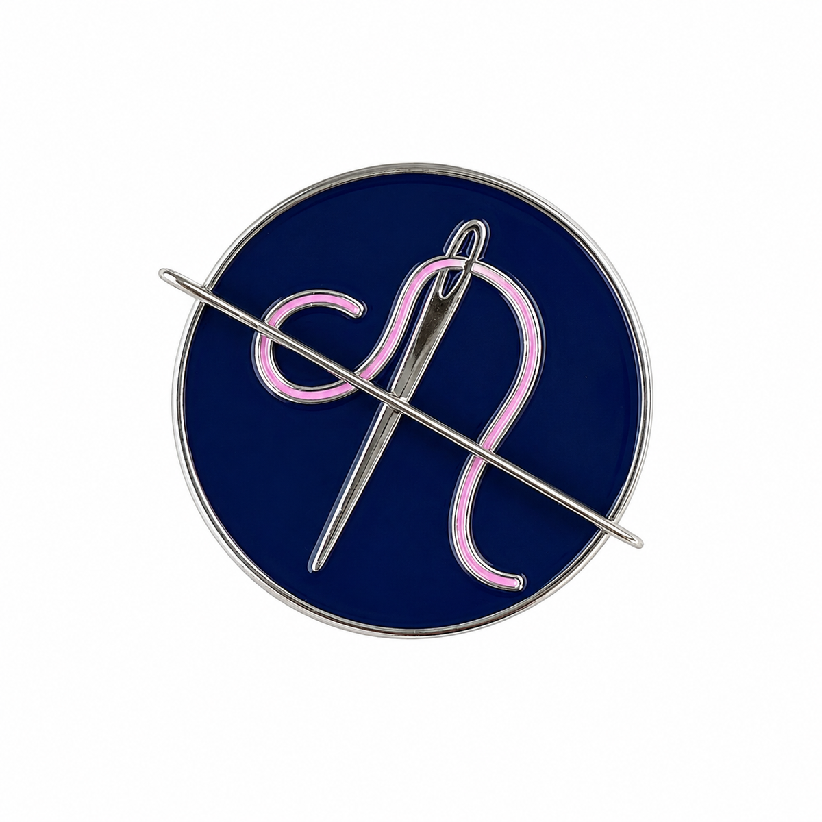 Needle and pink thread  magnetic enamel needle minder for needlepoint, cross stitch, embroidery and sewing projects.