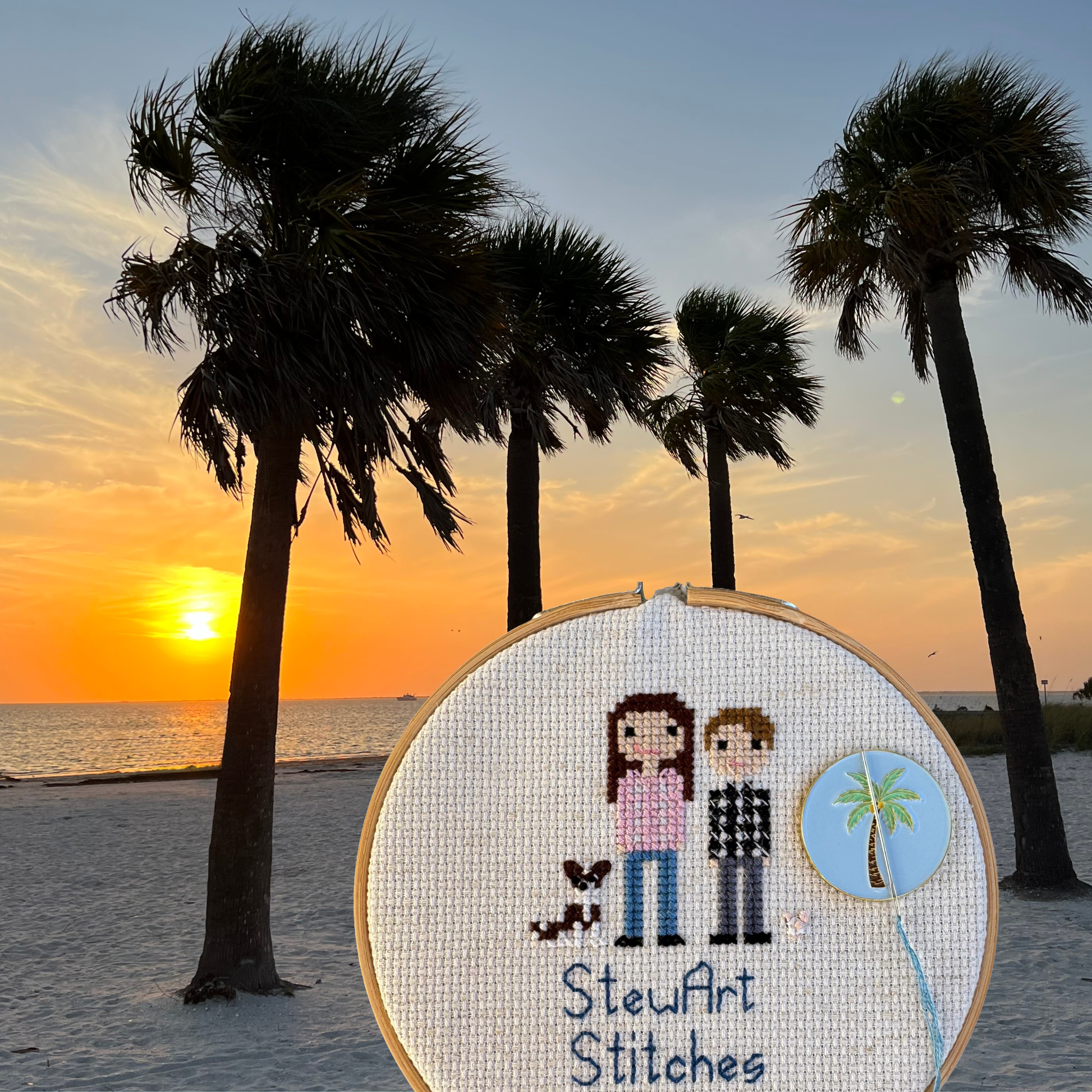 Palm Tree needle minder holding a needle on a needlepoint canvas while stitching.
