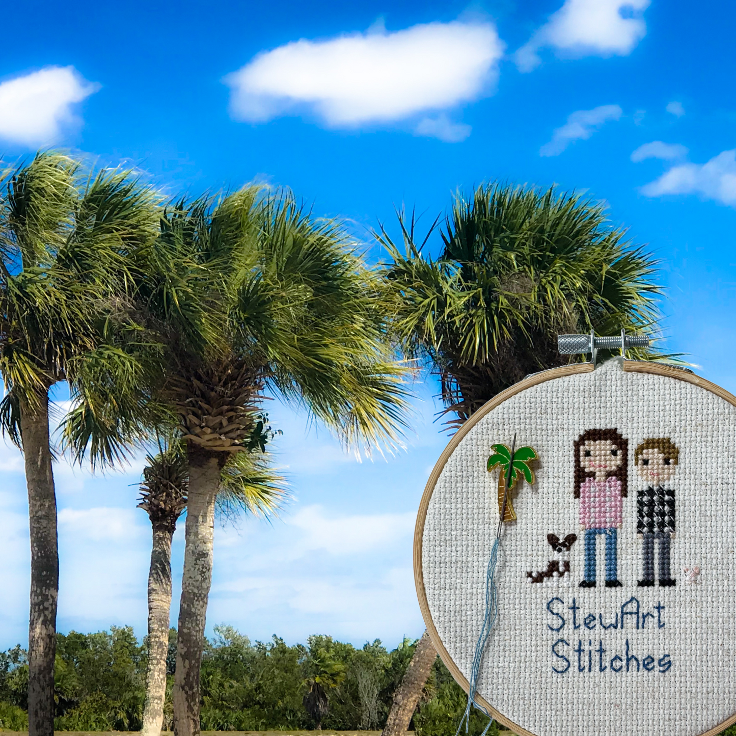 Palm tree magnetic needle minder – tropical enamel accessory for cross stitch, embroidery, and needlepoint – relaxing beach themed stitching gift for summer lovers.