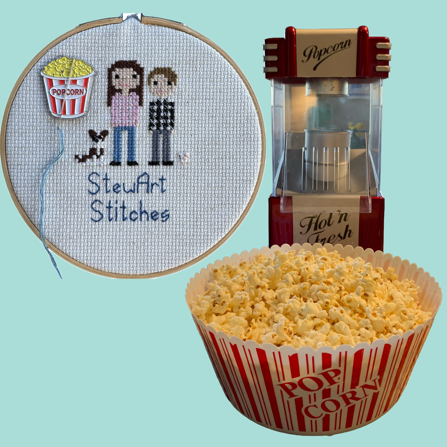Popcorn needle minder holding a needle on a needlepoint canvas while stitching.