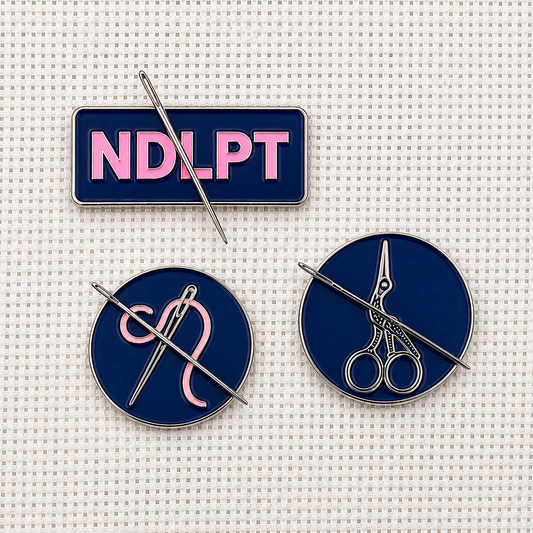 Set of 3 needlepoint  themed enamel needle minders for cross stitch, embroidery, and needlepoint – fun stitching gift for travelers and adventure lovers.