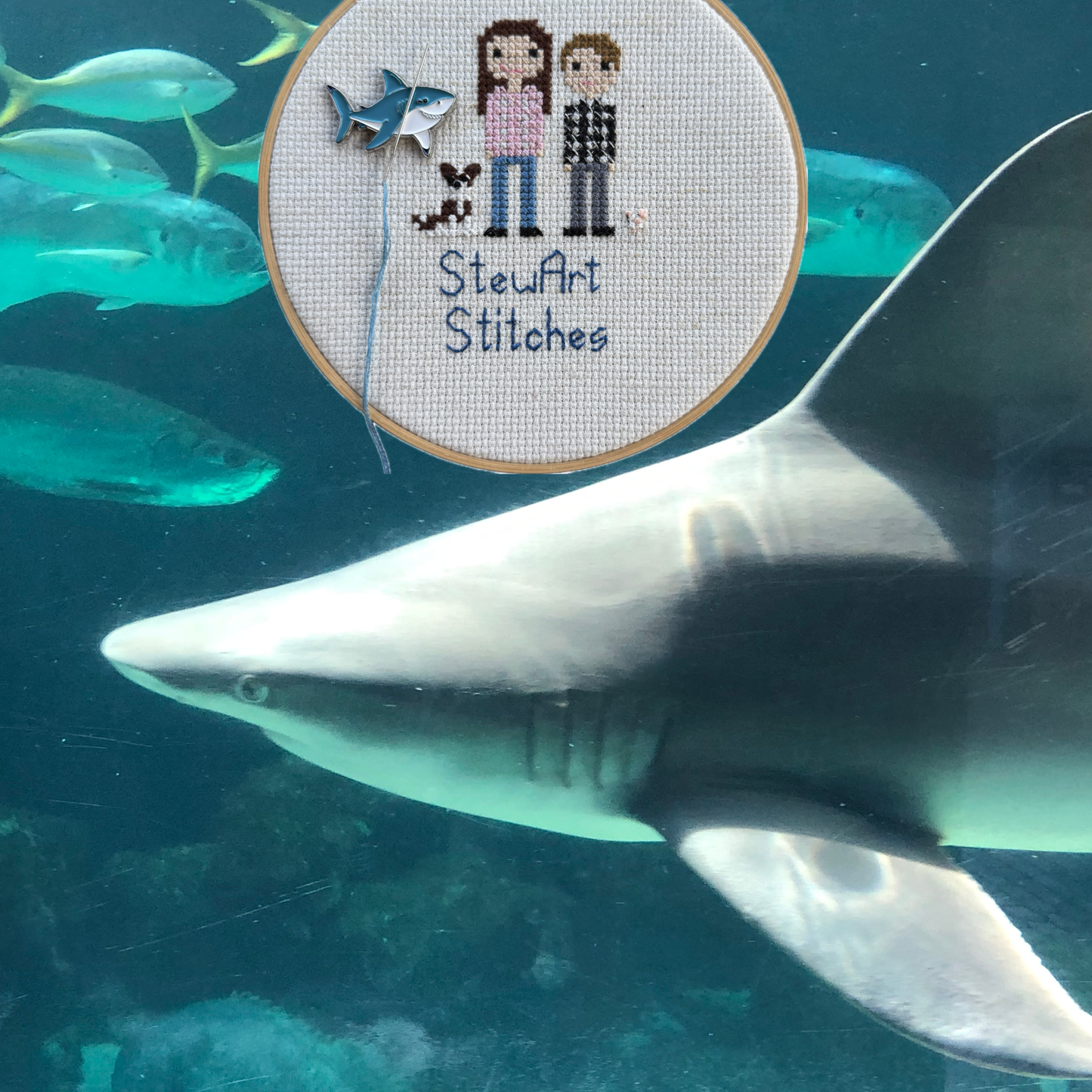 Shark needle minder holding a needle on a needlepoint canvas while stitching.