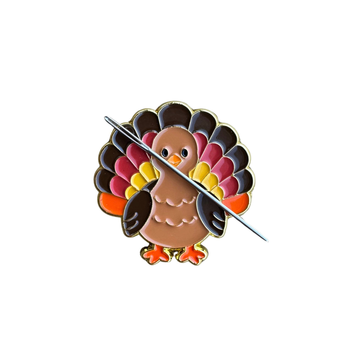 Colorful turkey enamel needle minder. Magnetic needle holder for cross stitch, needlepoint, embroidery, quilting, sewing and other stitching projects.